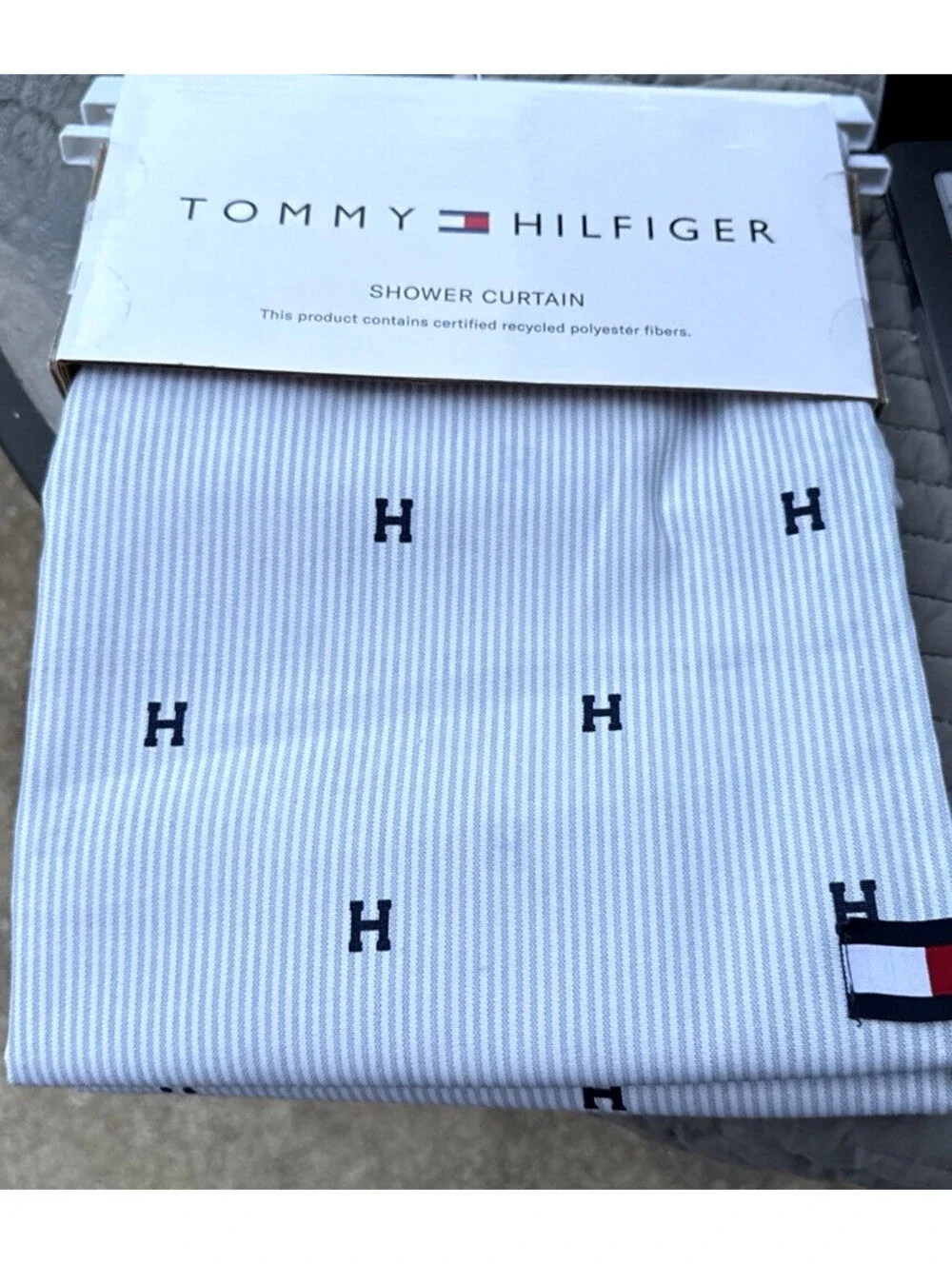 Tommy Hilfiger University Stripe Blue White Oxford Fabric Shower Curtain 72